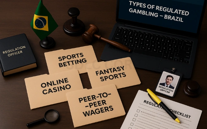 What Is Regulated Under Brazil iGaming Law? Overhead view of a Brazilian regulatory officer’s desk with labeled folders for sports betting, online casinos, and fantasy sports, alongside compliance tools and a national flag