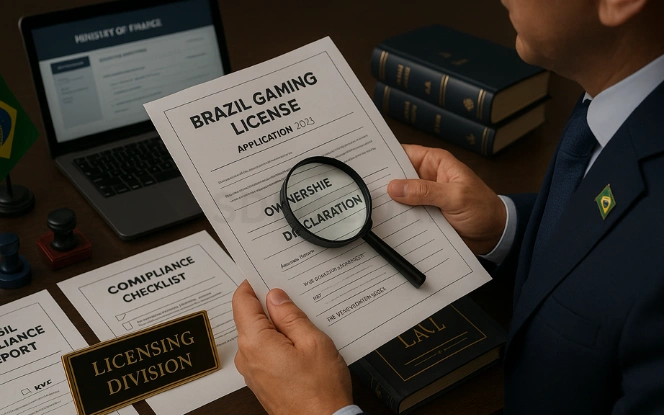 Understanding the Brazil Gaming License Close-up of a licensing officer reviewing a Brazil Gaming License application with annexed compliance documents, a magnifying glass, and Ministry of Finance branding