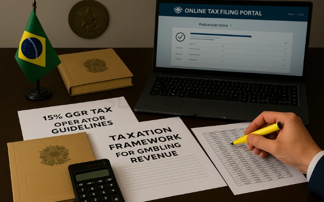 Taxation and Financial Rules for Operators Professional accountant’s desk with documents on 15% GGR tax, financial spreadsheets, Brazilian tax authority folder, and a monitor displaying the online tax portal