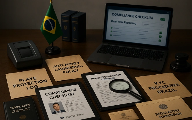 Ensuring iGaming Compliance in Brazil Compliance review office setup with biometric scanner, KYC documents, AML policy folders, and a laptop displaying real-time reporting under Brazil's iGaming law