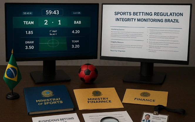 The Role of Brazilian Sports Betting Regulation Dual-monitor compliance desk showing live football odds and a sports betting regulation report, with Brazilian flag, official documents, and Ministry folders