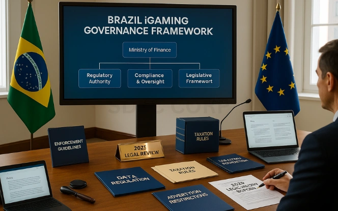 Building the iGaming Legal Framework in Brazil Government conference room with a touchscreen displaying Brazil’s iGaming Governance Framework, surrounded by legal folders, laptops, and Brazilian and EU flags