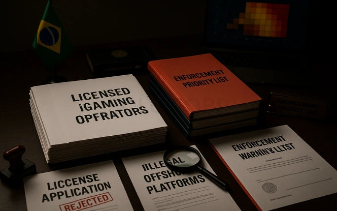 Challenges and Risks in Brazil’s iGaming Market Dramatic compliance desk with stacks labeled Licensed Operators and Illegal Offshore Platforms, red warning folder, risk heatmap screen, and Brazilian flag