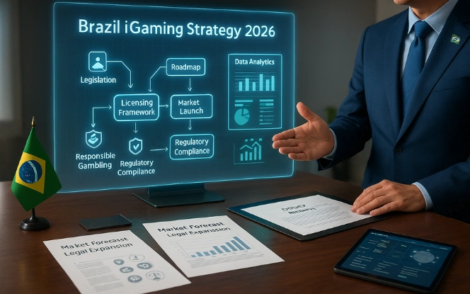 The Future of Brazil iGaming Regulation Futuristic government office with a glowing screen showing Brazil iGaming Strategy 2026, data forecasts, legal documents, and a legal advisor presenting insights