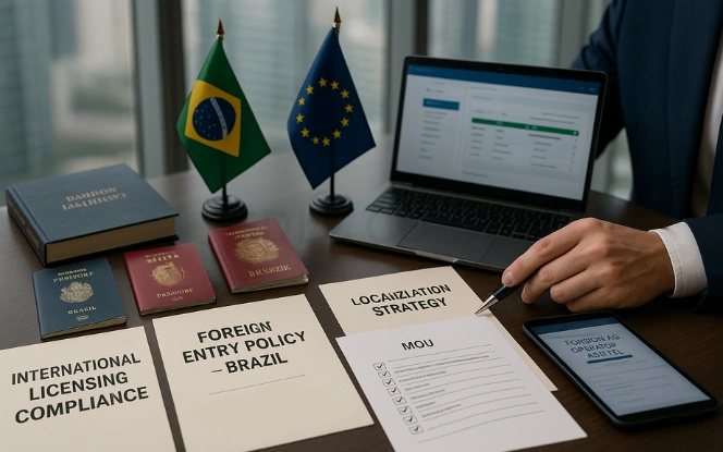International Operators: Entering the Brazilian Market Multinational office desk with passports from Brazil, UK, and Malta, folders on international licensing, Brazilian and EU flags, and a legal advisor reviewing a compliance checklist
