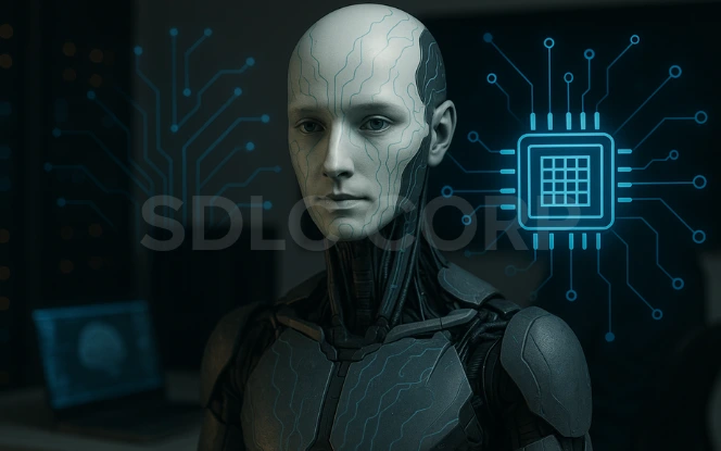 A humanoid robot with glowing circuit patterns stands centered in a futuristic lab, flanked by abstract digital memory chip graphics, symbolizing memory-augmented AI systems