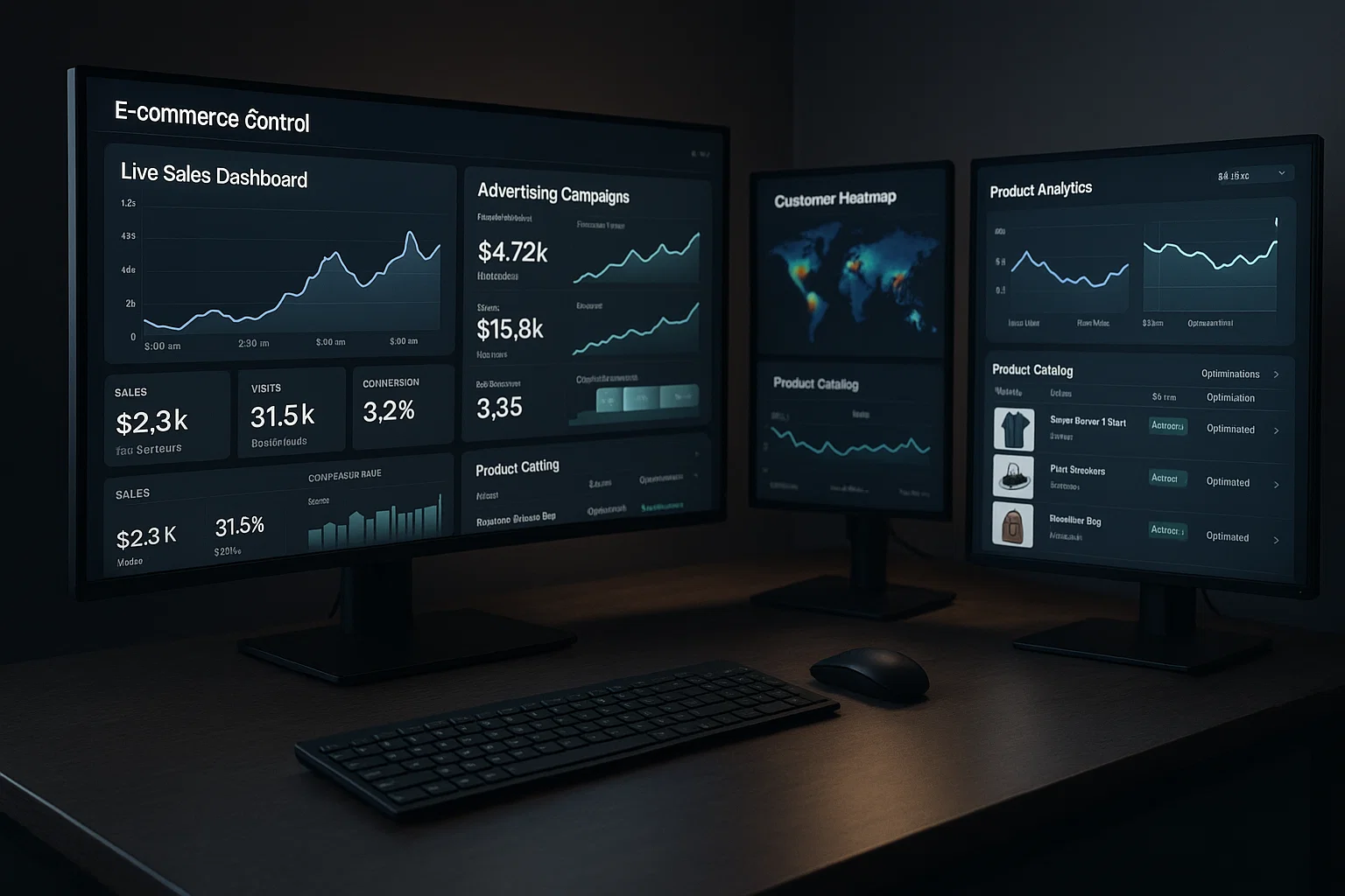  Client and B2B ecommerce consultant discussing platform architecture with ecommerce dashboards on laptops and workflow diagrams on whiteboards in a modern office setting