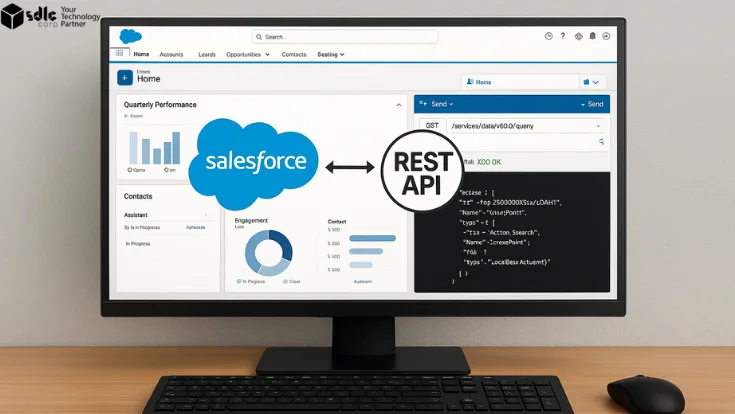 Salesforce REST API integration example showing Salesforce dashboard with performance charts and JSON response preview.