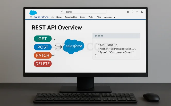 Salesforce REST API overview diagram with GET, POST, PATCH, and DELETE methods connected to Salesforce.