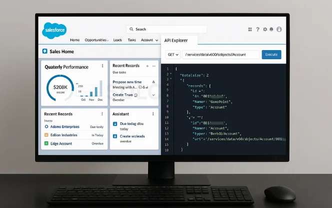 Salesforce API Explorer showing account data request with GET method and JSON response preview.