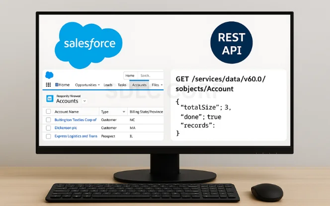 Salesforce REST API GET request example returning account records in JSON format.