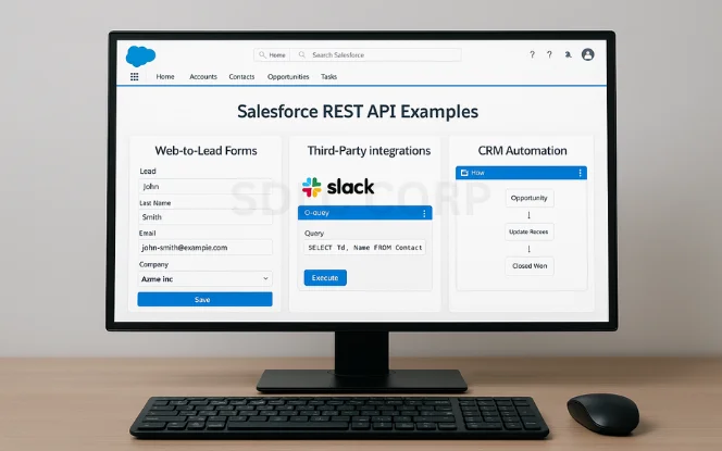 Salesforce REST API examples including web-to-lead forms, Slack integration, and CRM automation workflows.