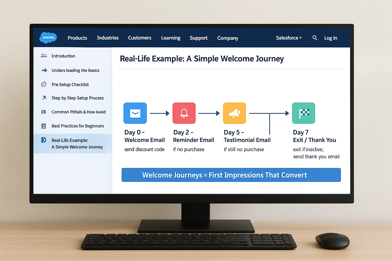 Real-life Journey Builder example of a welcome journey with emails and reminders across multiple days.