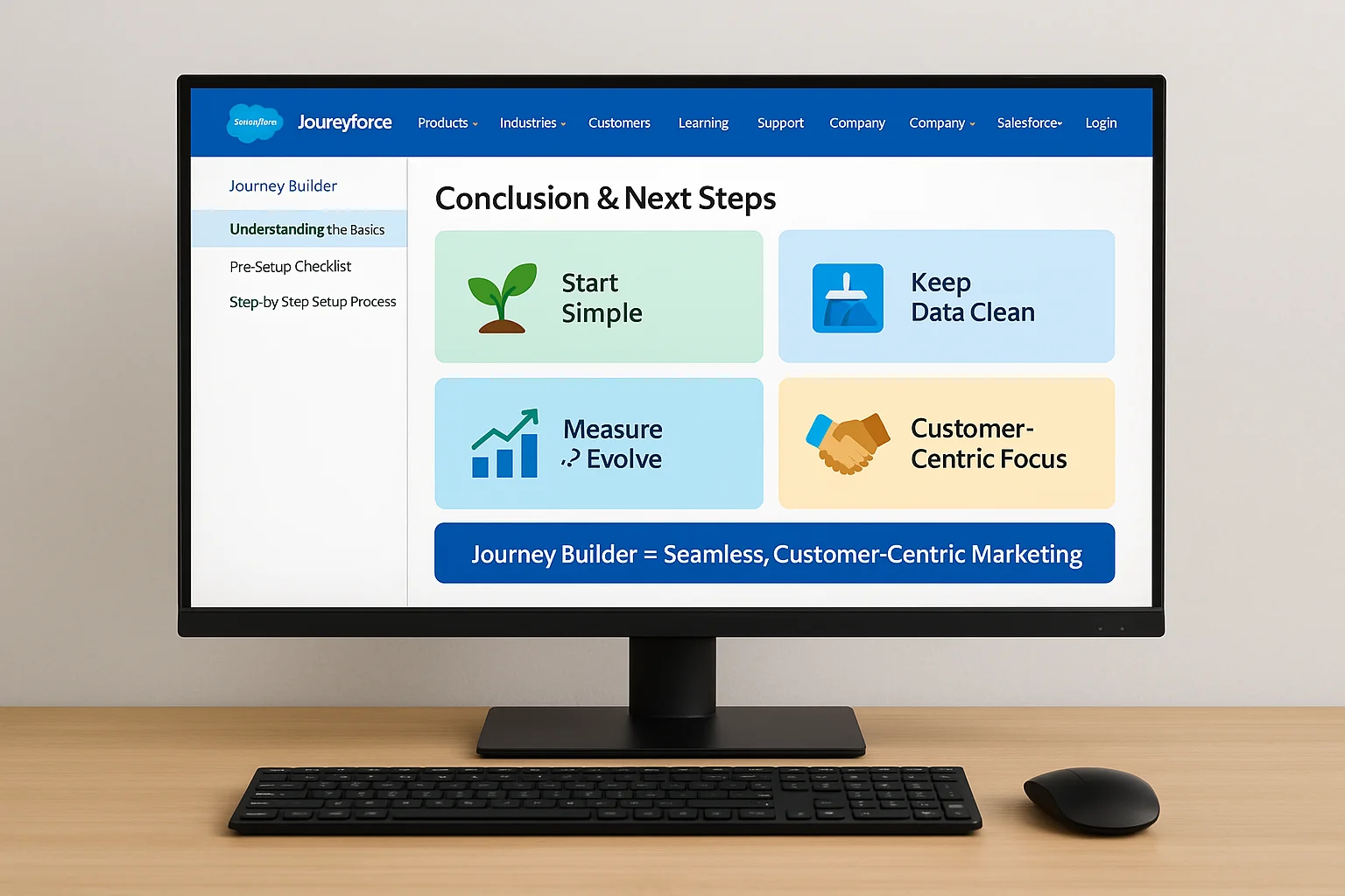 Conclusion and next steps for Journey Builder focusing on simplicity, data cleanliness, measurement, and customer-centric focus.