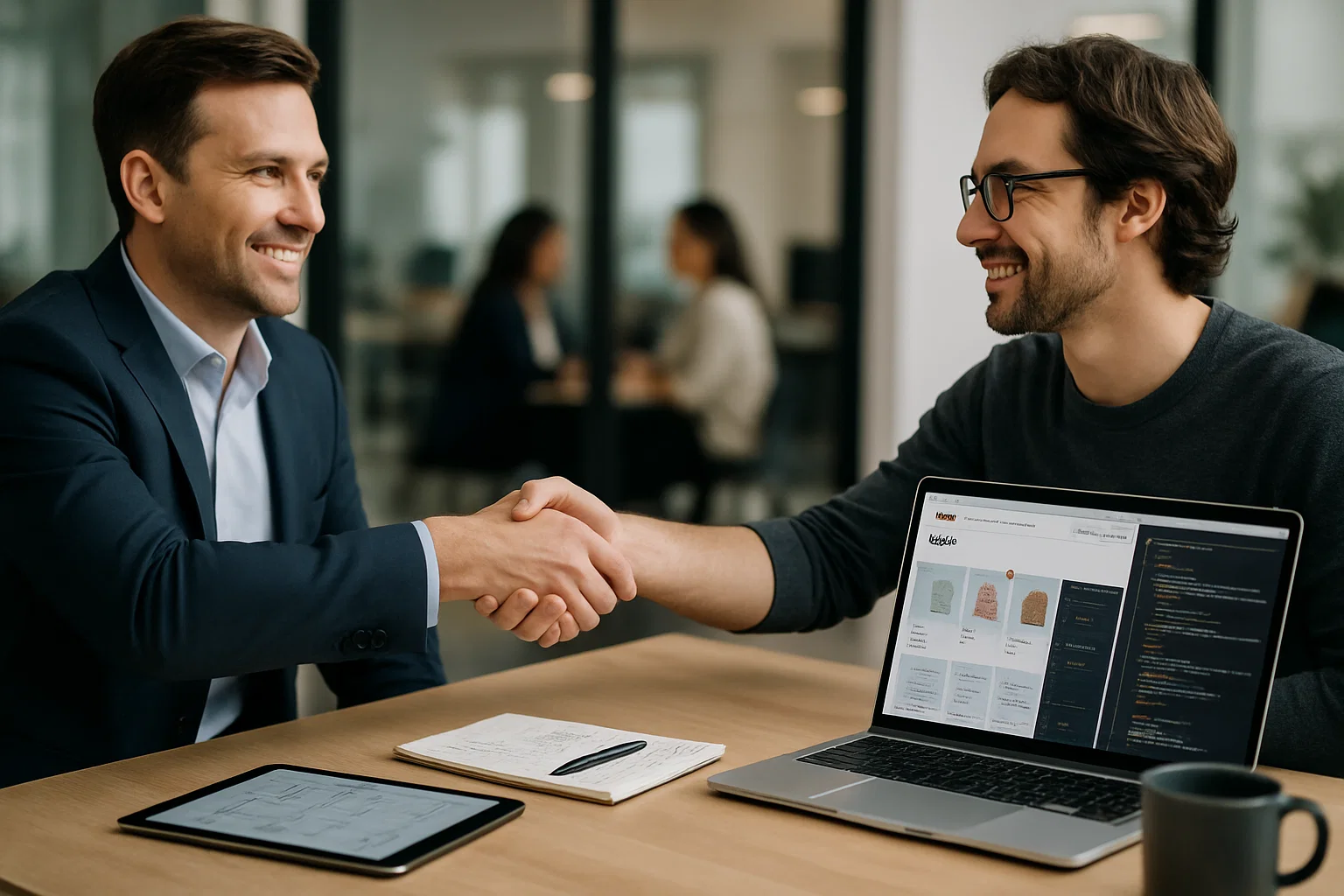 Client and B2B ecommerce consultant discussing platform architecture with ecommerce dashboards on laptops and workflow diagrams on whiteboards in a modern office setting
