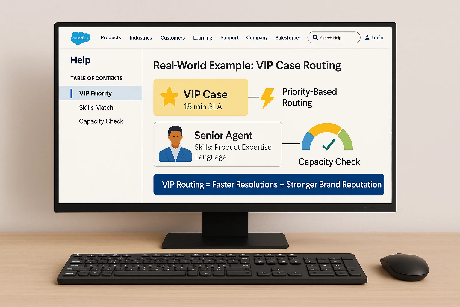 Salesforce Omni-Channel routing real-world example showing VIP case routing with SLA, senior agent assignment, and capacity check.