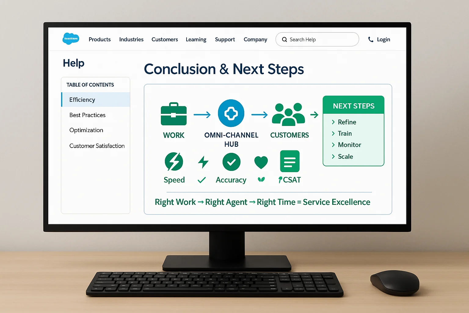 Conclusion and next steps for Salesforce Omni-Channel routing highlighting work hub, speed, accuracy, customer satisfaction, and service excellence.