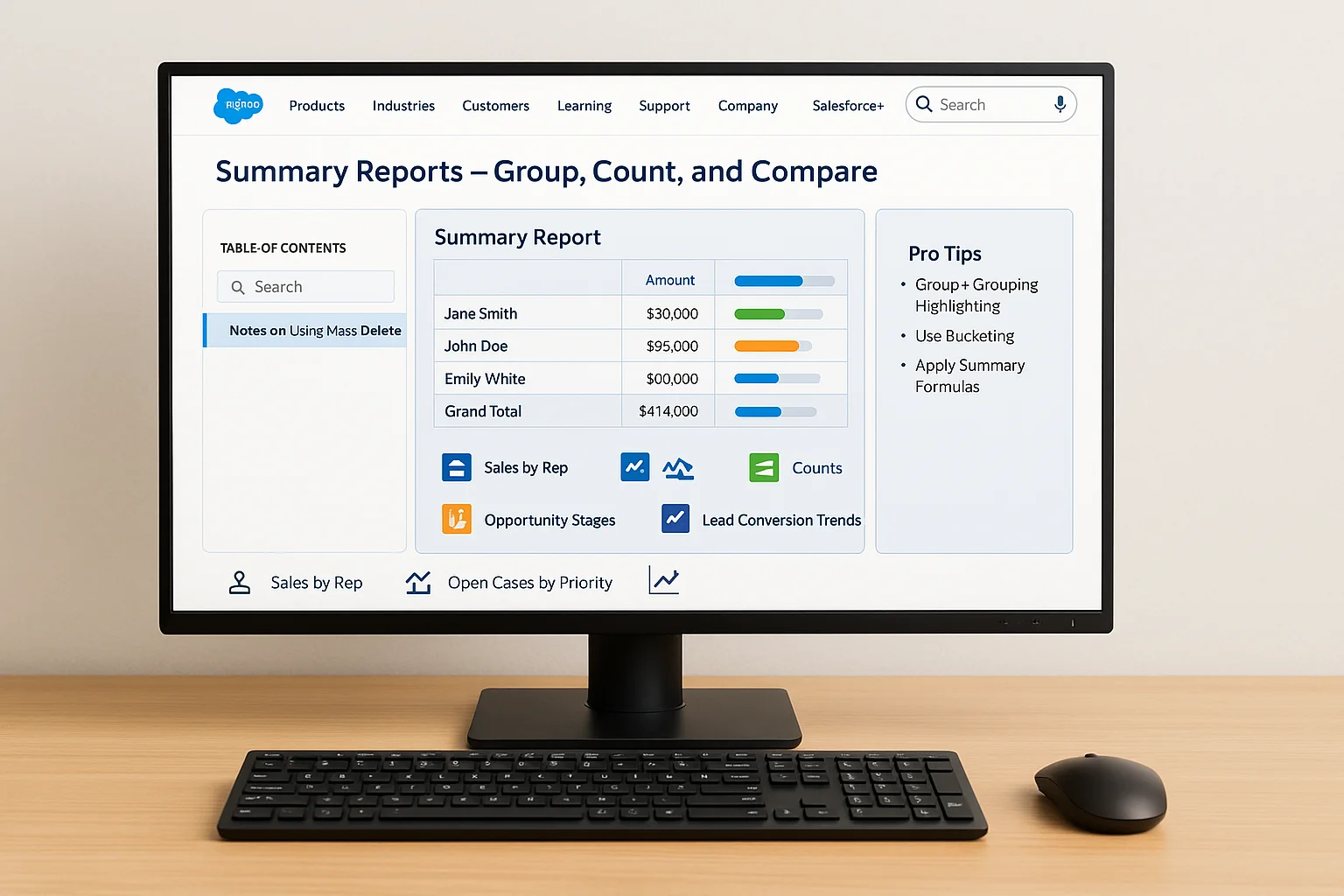 Summary reports in Salesforce displaying grouped data with sales amounts, pro tips, and visualization options.