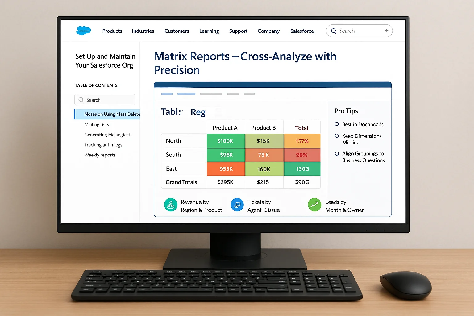 Matrix reports in Salesforce showing cross-analysis by region and product with colored data cells and pro tips.