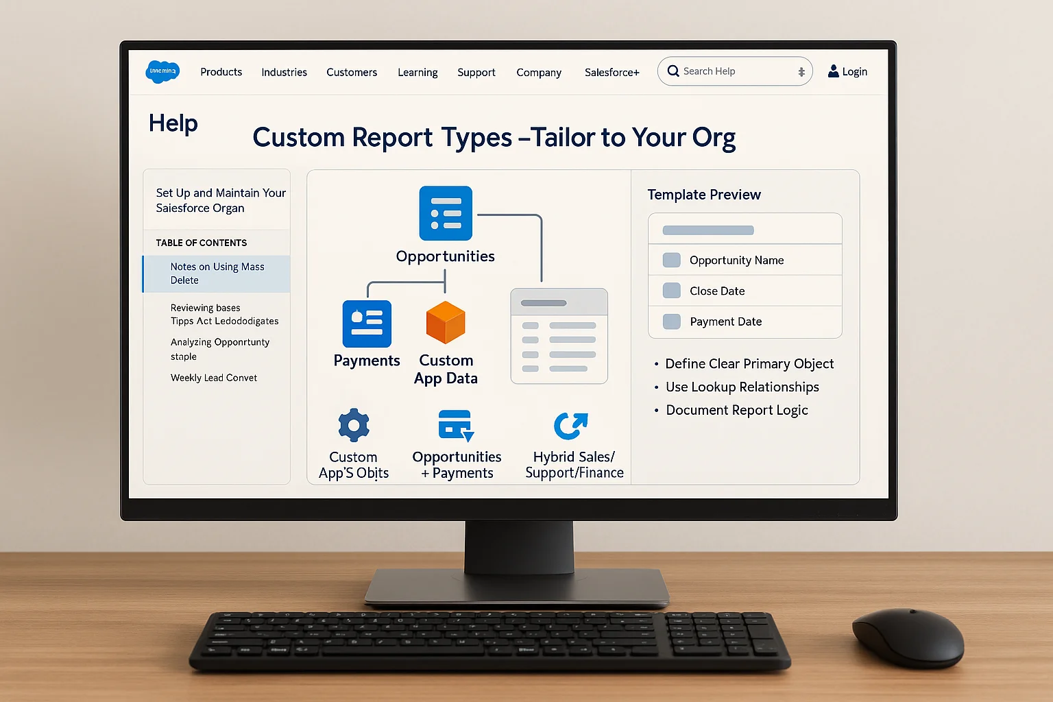 Custom report types in Salesforce showing opportunities, payments, and custom app data relationships.