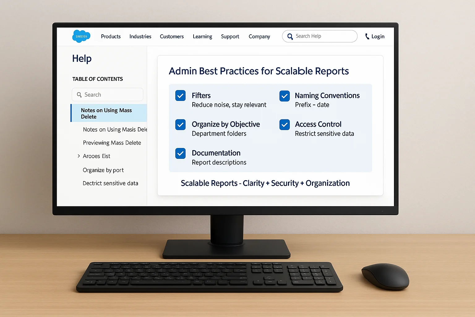 Admin best practices for scalable Salesforce reports highlighting filters, naming conventions, organization, access control, and documentation.