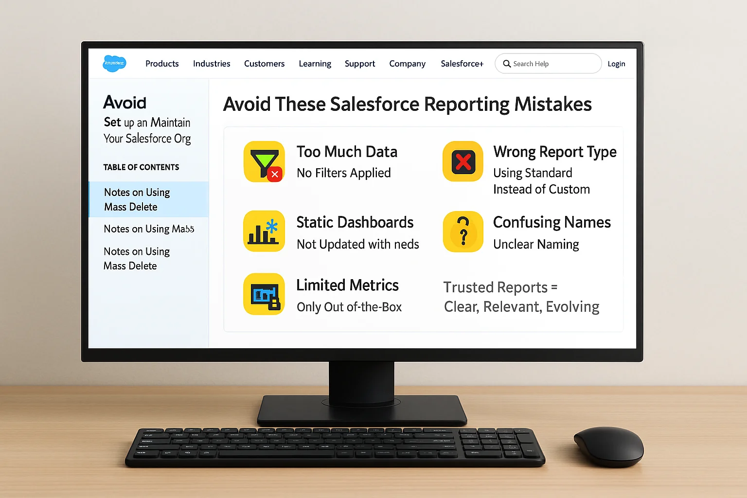 Common Salesforce reporting mistakes such as too much data, wrong report type, static dashboards, limited metrics, and unclear naming.