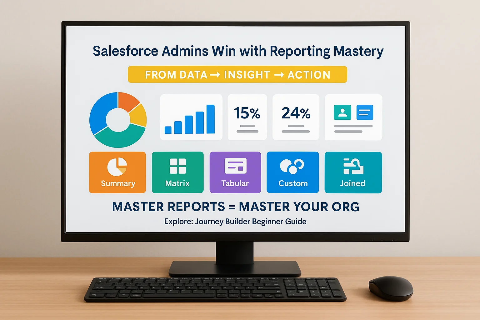 Salesforce reporting mastery guide for admins showcasing summary, matrix, tabular, custom, and joined reports with the message “Master Reports = Master Your Org.”