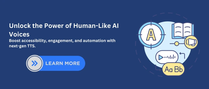 A modern CTA banner showcasing icons for letters, books, and a microphone, visually promoting human-like Text-to-Speech AI systems with accessibility and automation benefits.