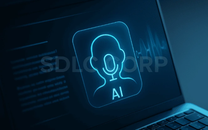 A futuristic digital interface displaying an AI icon and waveform, visually representing Text-to-Speech AI systems converting text to voice.