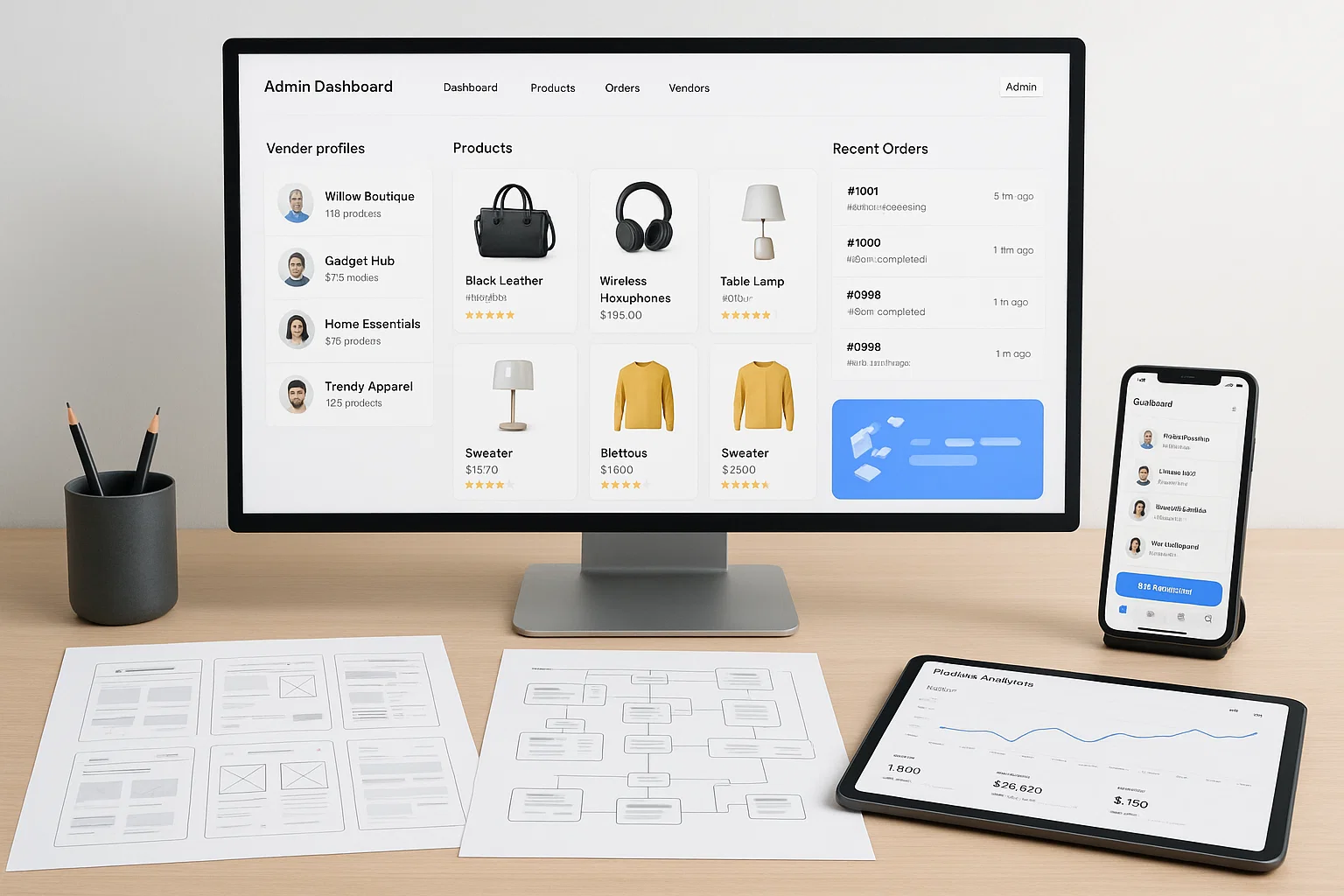 Workspace showing multivendor ecommerce app interface with admin dashboard and product analytics tools