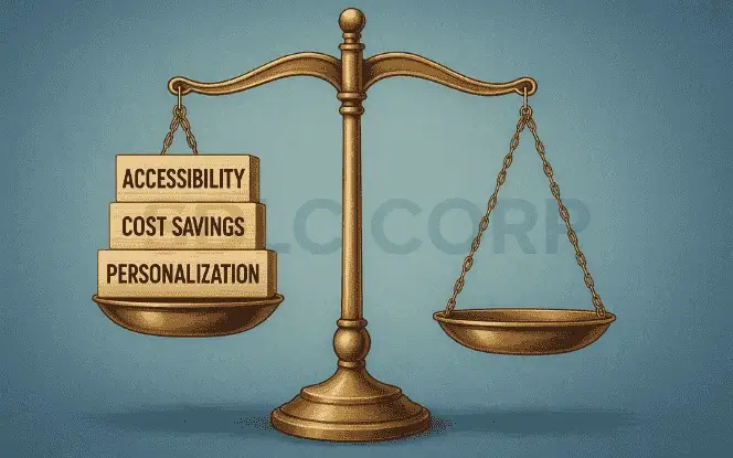 A brass scale weighing accessibility, cost savings, and personalization against an empty side, symbolizing the value of Text-to-Speech AI systems.