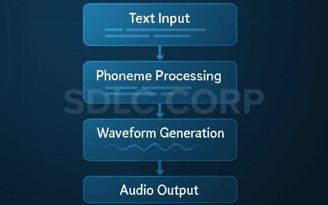 A layered flowchart showing steps in Text-to-Speech AI systems: text input, phoneme processing, waveform generation, and audio output.