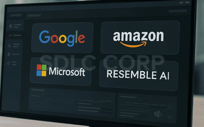 A developer dashboard displaying Google, Amazon, Microsoft, and Resemble AI logos—key players in Text-to-Speech AI systems.