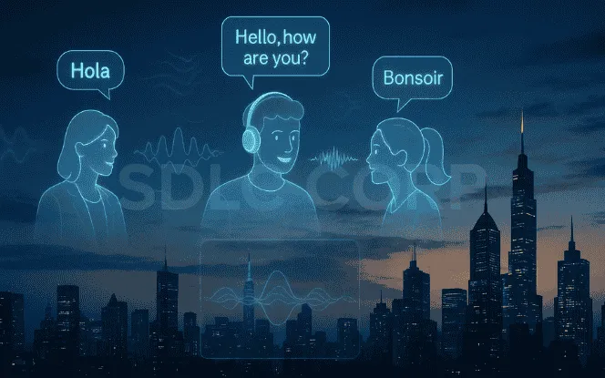 A futuristic city skyline with multilingual AI voice holograms, depicting real-time translation and emotional voice powered by Text-to-Speech AI systems.