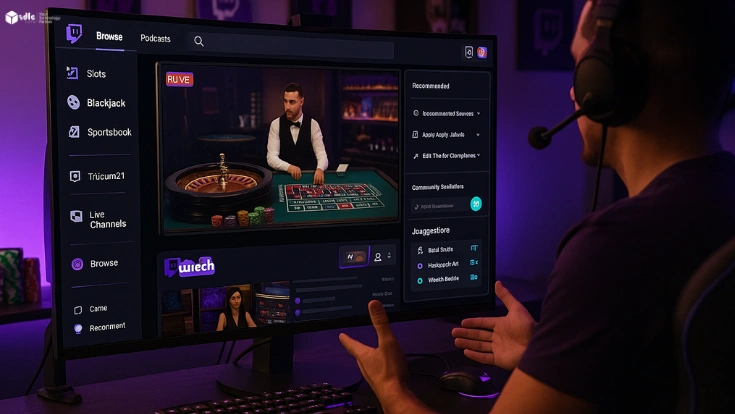 Twitch website mockup on monitor showing live iGaming casino stream with streamer setup in a realistic gaming workspace.