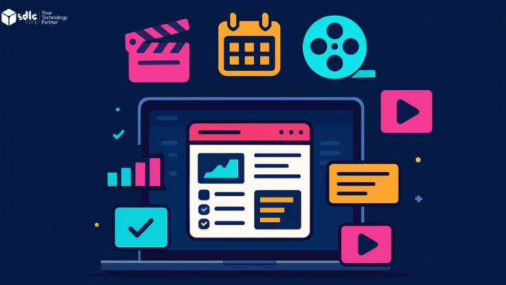 A digital banner illustration showing a laptop with a media dashboard surrounded by film, music, calendar, video, and analytics icons representing Odoo-powered media and entertainment workflows.
