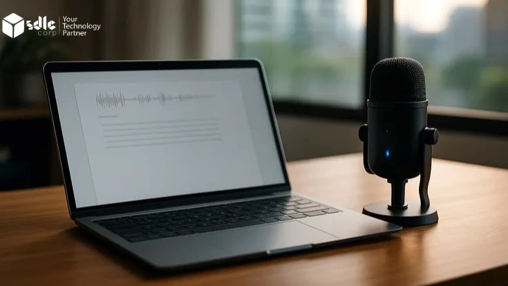 Professional workspace setup for speech-to-text conversion, featuring a modern laptop and sleek microphone on a wooden desk, illuminated by soft daylight with a blurred cityscape in the background.