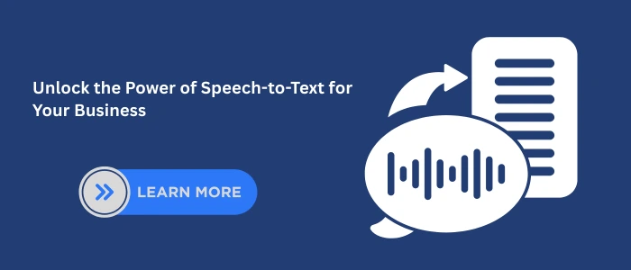 Professional blue-themed banner showing an icon of a document and a speech waveform, symbolizing speech-to-text conversion for business applications.