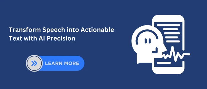Professional blue-themed banner with an icon of a human head, text, and sound waves, representing AI-powered speech-to-text conversion with high accuracy.
