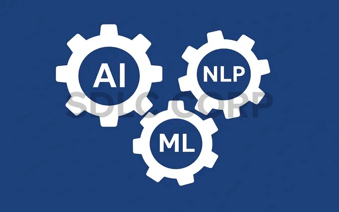 Vector illustration of interlocking gears representing AI, NLP, and machine learning working together in speech-to-text conversion, set against a vibrant blue background.  Ask ChatGPT
