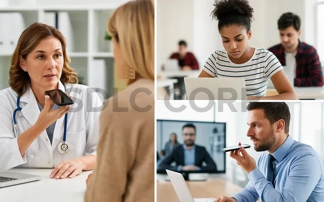 Collage showing medical, educational, and business uses of speech-to-text conversion, featuring a doctor, a student, and a professional using voice technology. 