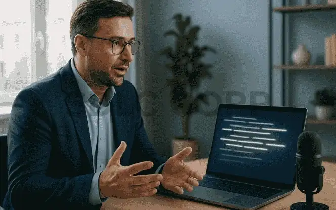 Professional in a modern office speaking toward a laptop during speech-to-text conversion, with glowing abstract text lines on the screen and a microphone on the desk.