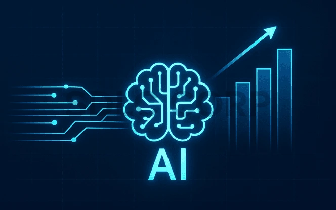 Digital illustration showing AI in speech-to-text conversion, with a glowing brain circuit, connected data lines, and a rising bar chart symbolizing progress.