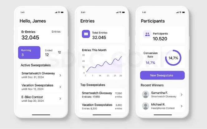 Modern sweepstakes mobile app dashboard with three clean white interface screens displaying total entries, active contests, monthly entry trends, participant statistics, conversion rate, and recent winners in a minimalist purple-accented design.