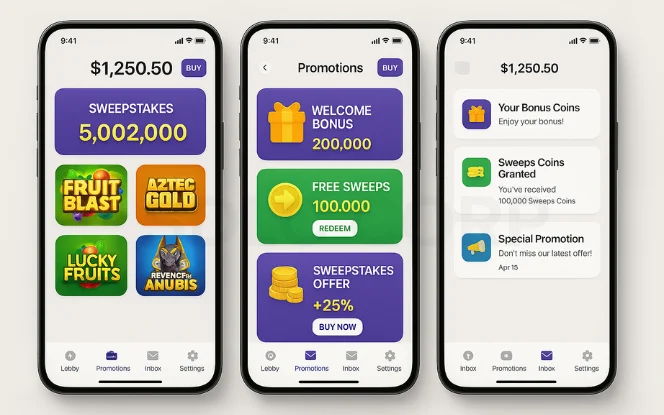 Three smartphones display a sleek sweepstakes casino app with balance, games, promotions, and inbox on a clean white background.