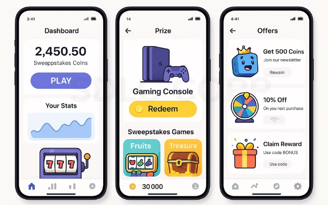 Three sleek mobile screens display a sweepstakes gaming app with a white dashboard, prizes, and offers in a modern, colorful style.
