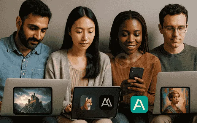 People from different backgrounds using mobile devices and laptops to create visuals with text-to-image generation tools, highlighting accessibility.