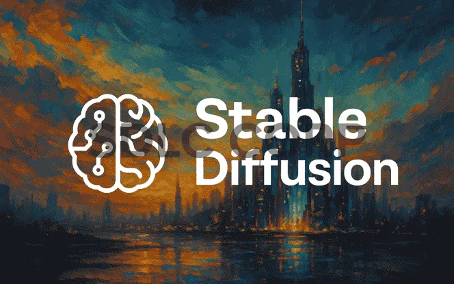 Stable Diffusion branding displayed with vivid generated imagery created using advanced text-to-image generation tools.