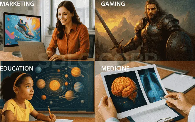 Grid showing marketing, gaming, education, and medicine using AI-generated visuals powered by text-to-image generation tools.