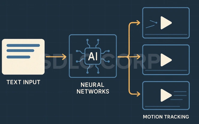 Flowchart showing Text-to-Video AI process: text input passes through neural networks to generate videos with motion tracking.